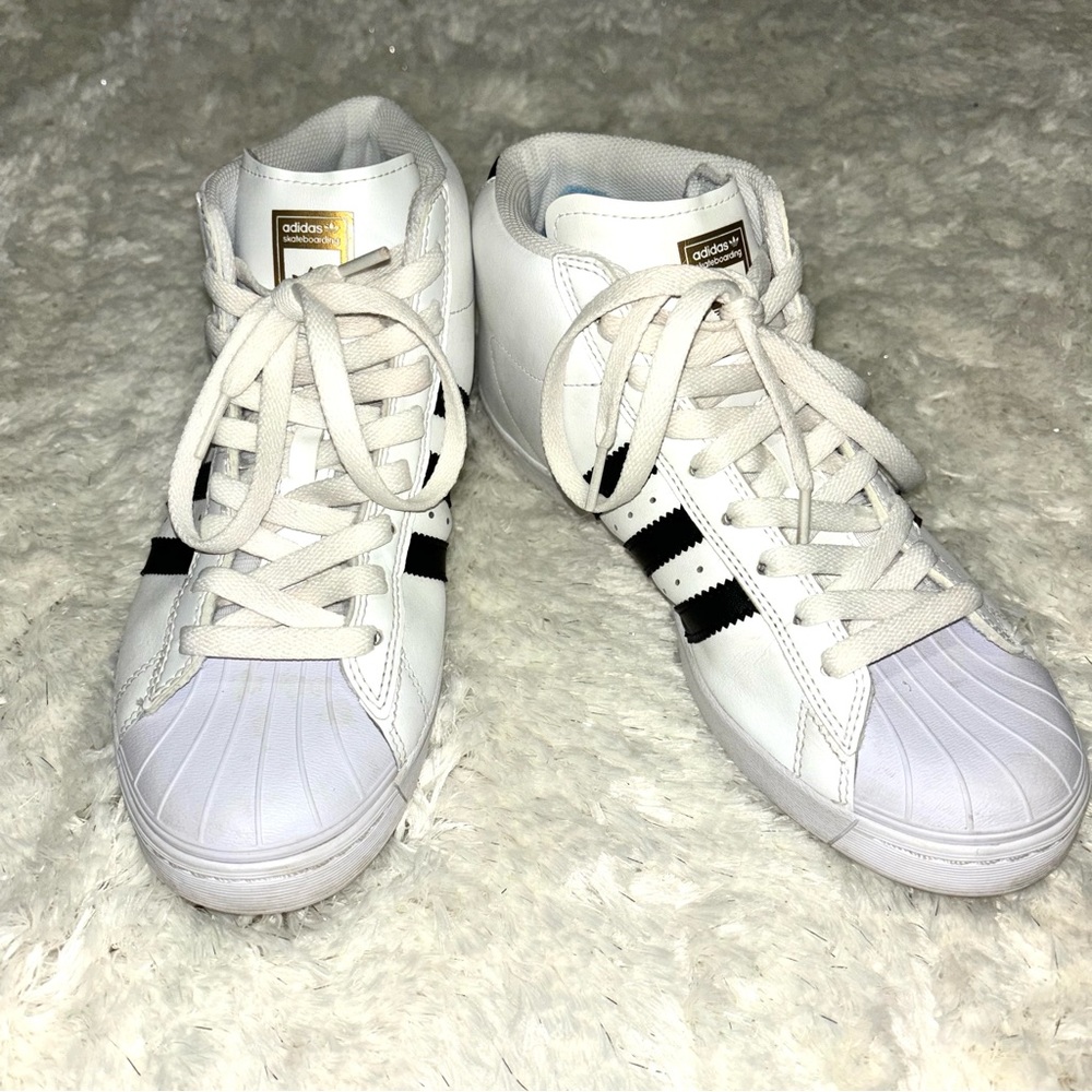 Adidas Mens Sneakers High-Top Lace-Up White Black Shell Toe Shoes 6.5